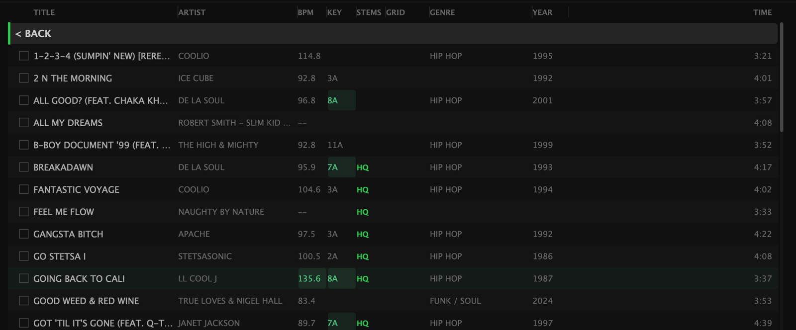The library table with a 135.6 BPM, 8A track loaded on deck 1: its own row is highlighted, and every BPM within range and every compatible key -- 8A, 7A -- is drawn in a green cell