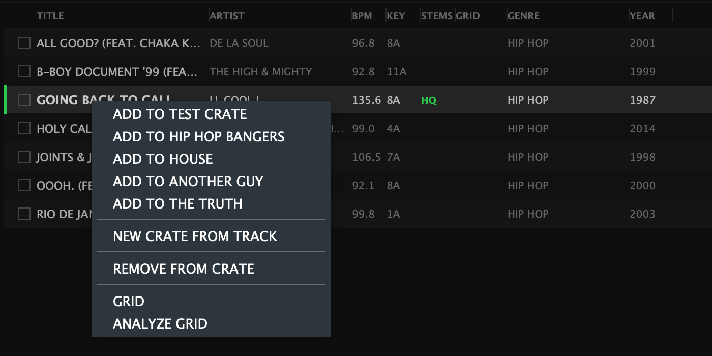 A track's right-click menu: ADD TO each of your crates, NEW CRATE FROM TRACK, REMOVE FROM CRATE, then GRID and ANALYZE GRID