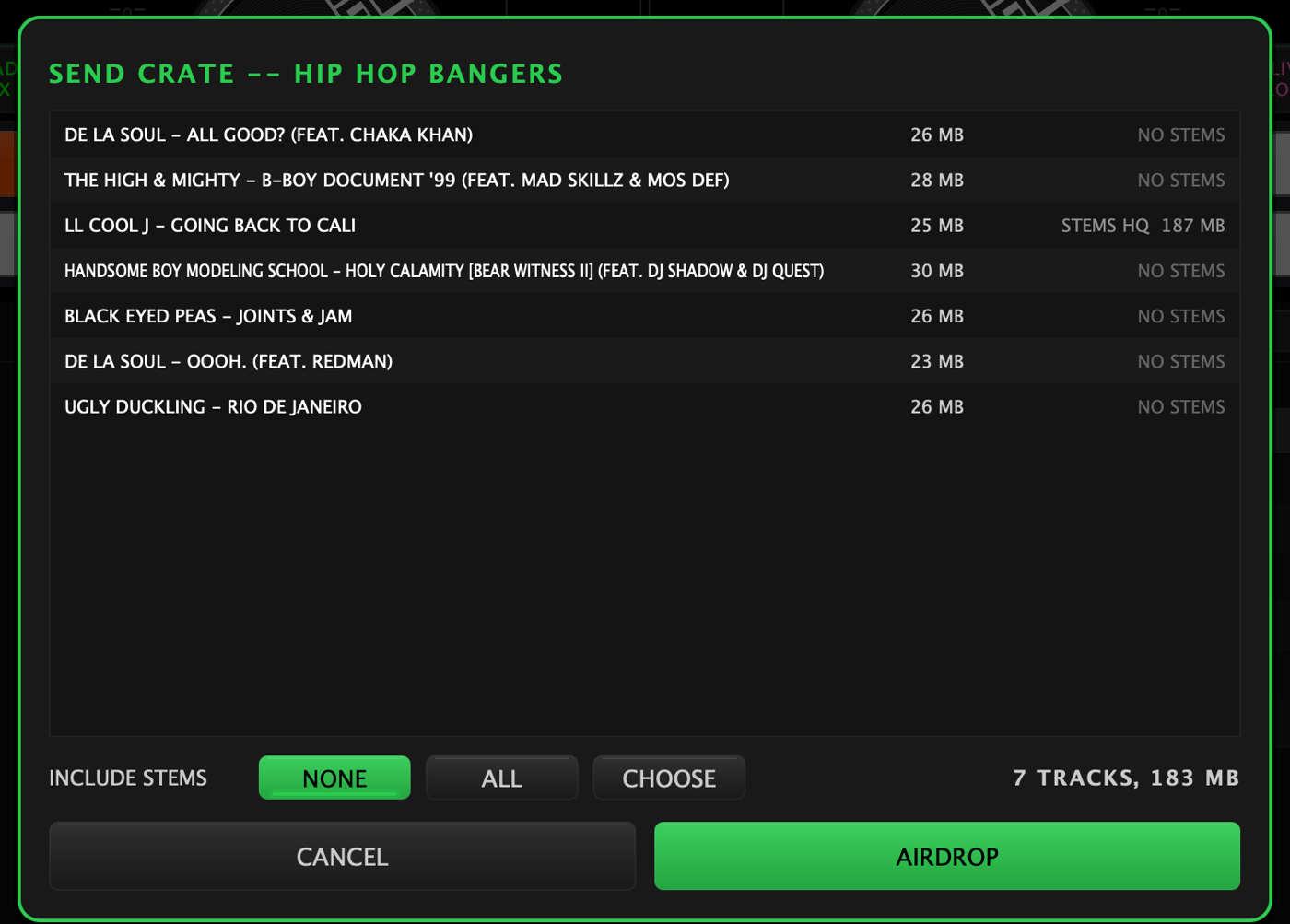 The SEND CRATE card for a crate: each track listed with its size and whether it has stems, the INCLUDE STEMS choice of NONE, ALL or CHOOSE, the total of 7 tracks and 183 MB, and CANCEL and AIRDROP buttons
