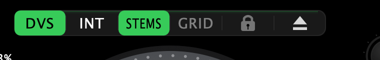 Deck 1's button bar in INTERNAL: the DVS chip lit, the mode chip reading INT, STEMS lit, GRID dimmed, the key lock padlock and the eject chip