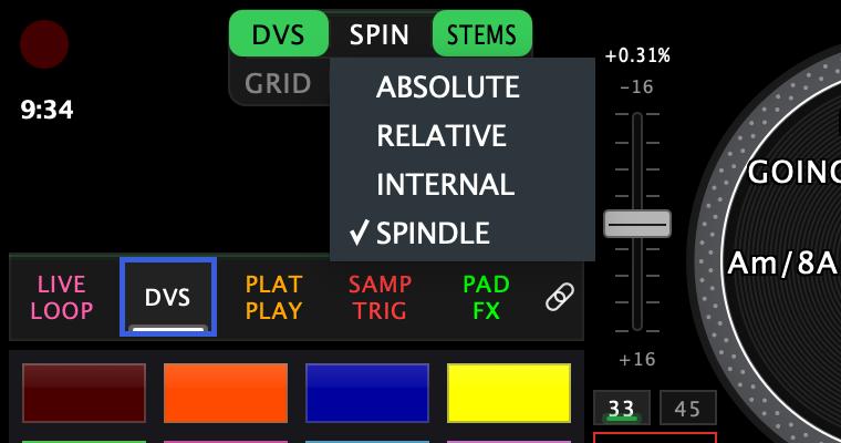 The mode chip's menu dropped from deck 1's two-row button bar: ABSOLUTE, RELATIVE, INTERNAL and SPINDLE, with SPINDLE ticked as the current mode