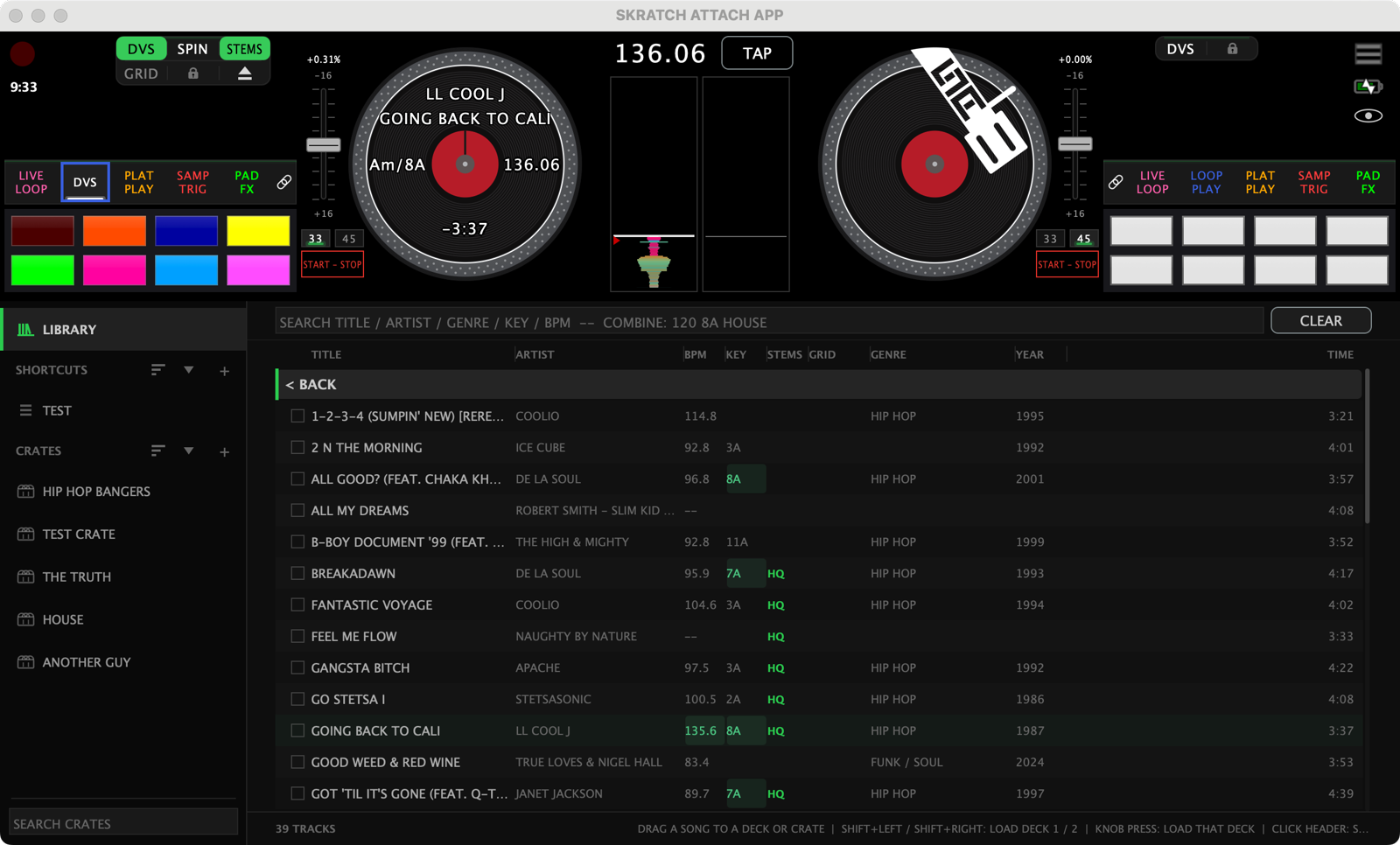 The DVS view with a track loaded onto deck 1 from the docked browser: the deck bar reads DVS, SPIN and STEMS over GRID, key lock and eject, the record graphic shows the artist, title, key and BPM, the pads are on bank 2, and the library below highlights the tracks that mix with it in green