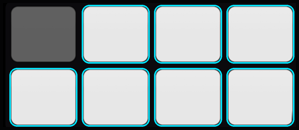 The on-screen pad grid with pads 2 through 8 highlighted: every pad except the top-left master records follower loops