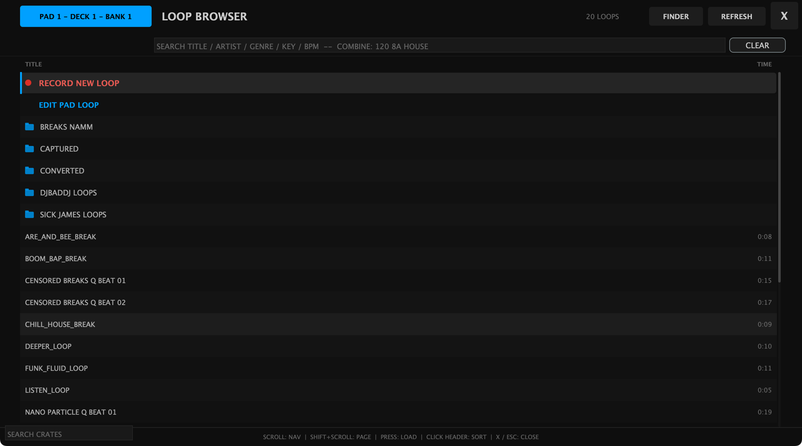 The LOOP BROWSER opened on pad 1: a red RECORD NEW LOOP row and a blue EDIT PAD LOOP row pinned above the Loops folders and loop files, with the target badge reading PAD 1 - DECK 1 - BANK 1