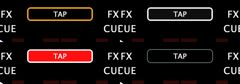 The on-screen TAP button in four states: armed with an amber outline, running with a white outline, flashing solid red on the 1, and off with a dim grey outline