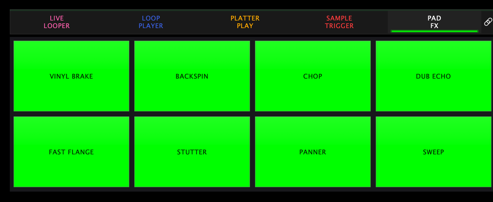 The eight Pad FX pads on screen, each labelled with its effect: Vinyl Brake, Backspin, Chop and Dub Echo across the top row, Fast Flange, Stutter, Panner and Sweep across the bottom