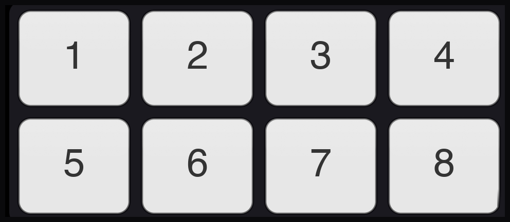 Pad numbering on the on-screen grid: 1 to 4 across the top row, 5 to 8 across the bottom