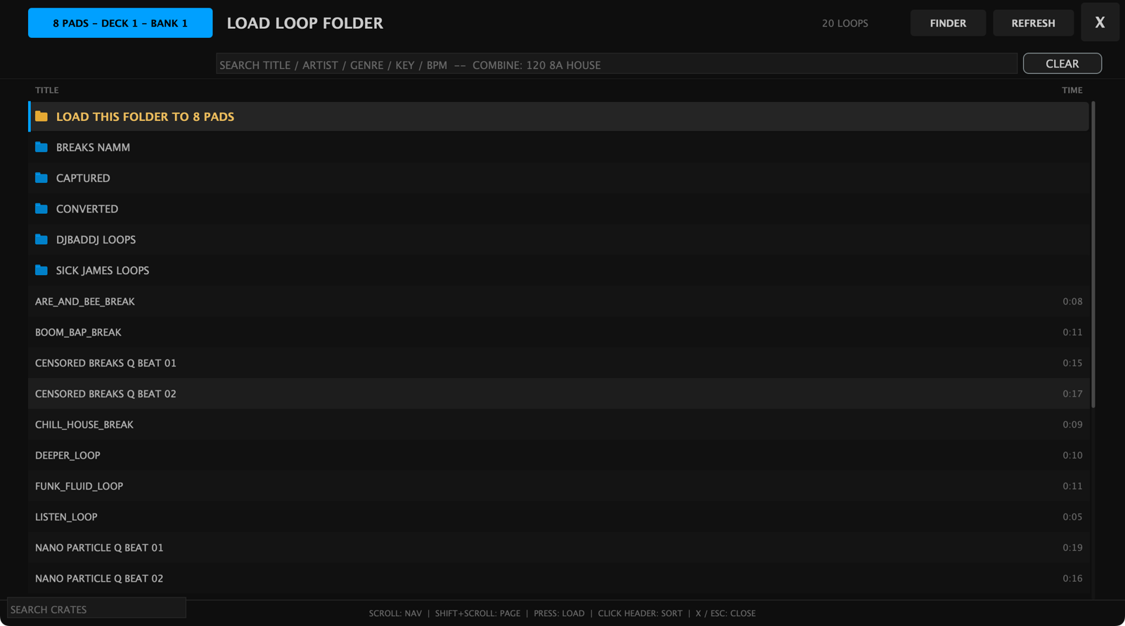 The same browser in folder mode, titled LOAD LOOP FOLDER with the badge reading 8 PADS - DECK 1 - BANK 1, and a gold LOAD THIS FOLDER TO 8 PADS row pinned at the top