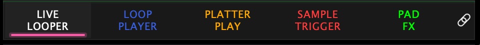 The on-screen pad mode bar with LIVE LOOPER active and underlined in pink, the other four modes named in their own colours beside it, and the chain icon at the end of the bar