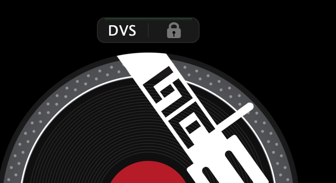 Key lock off: the padlock in the deck button bar, beside the DVS chip above the platter, drawn in dim grey