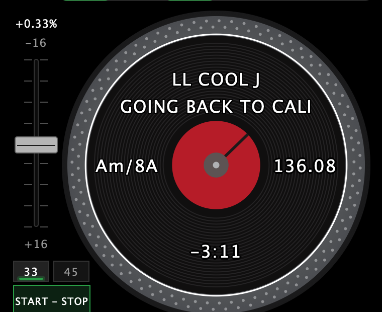 The turntable unit beside deck 1's platter: the pitch percentage above the fader, the range readouts -16 at the top and +16 at the bottom, the 33 / 45 chip and START - STOP, lit green while the deck plays