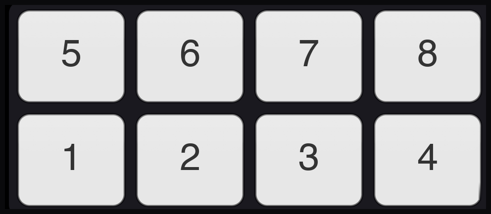 Note order on the pad grid: bottom row plays notes 1 to 4 of the bank, top row plays notes 5 to 8
