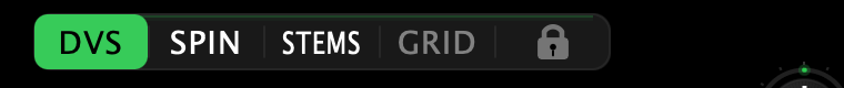 A deck button bar with the deck in DVS: the DVS chip lit green, the SPIN control-mode chip beside it, then STEMS, a dimmed GRID, and the key lock padlock