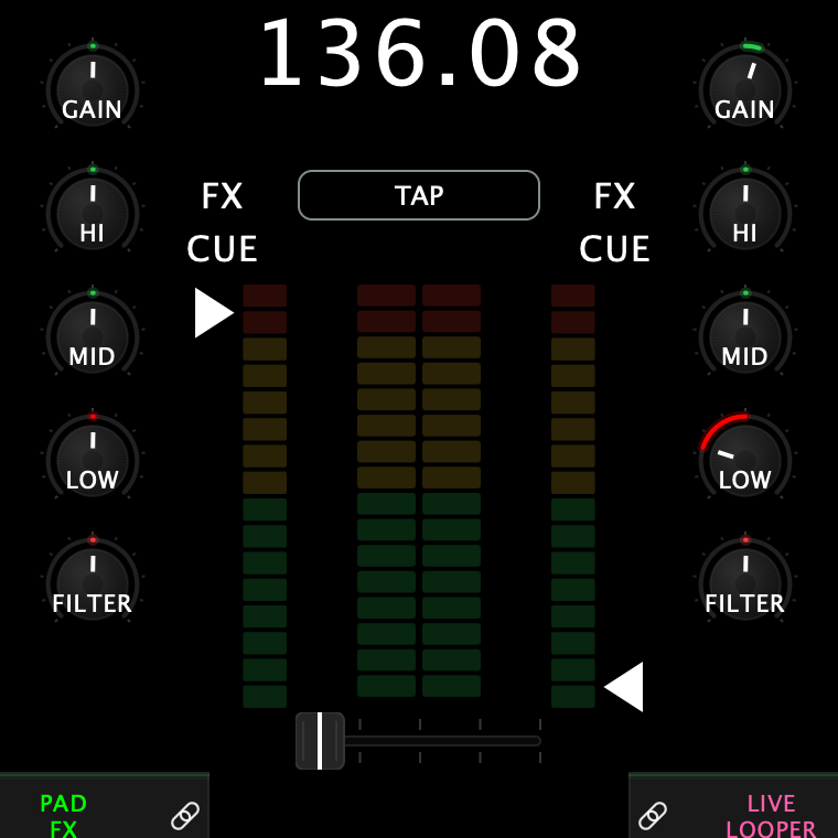 The on-screen mixer column with deck 1 playing: gain, HI, MID, LOW and FILTER knobs for each deck, the FX and CUE buttons, deck 1's channel fader lit as a level meter, the master VU between the faders, and the crossfader