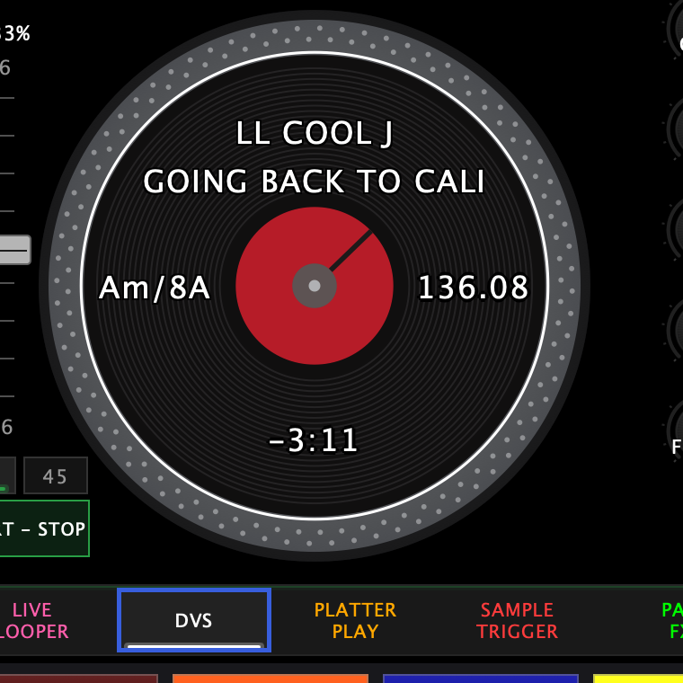 Deck 1's record graphic with a track loaded: LL COOL J and the title across the middle, Am/8A at 9 o'clock, 136.08 at 3 o'clock, and the time remaining at 6 o'clock