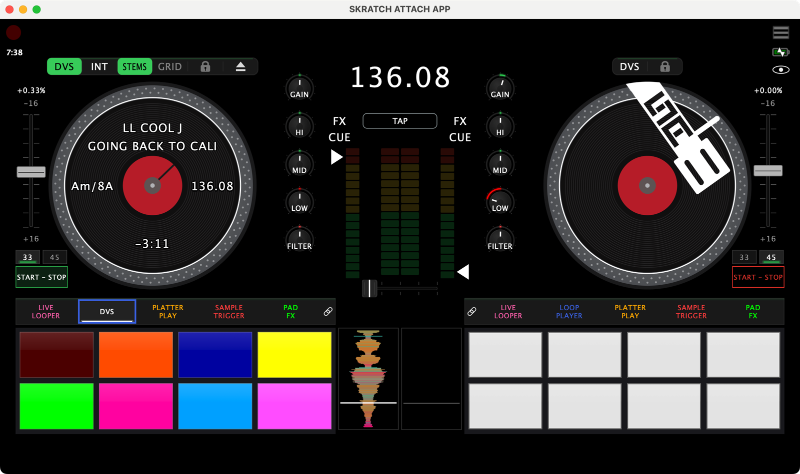 The Full view with deck 1 playing a file: the record graphic reads the artist and title, the key at 9 o'clock, the BPM at 3 o'clock and the time remaining at 6 o'clock; deck 1's waveform lane shows the audio scrolling past the playhead; the channel meters and master VU are lit; deck 2 is idle