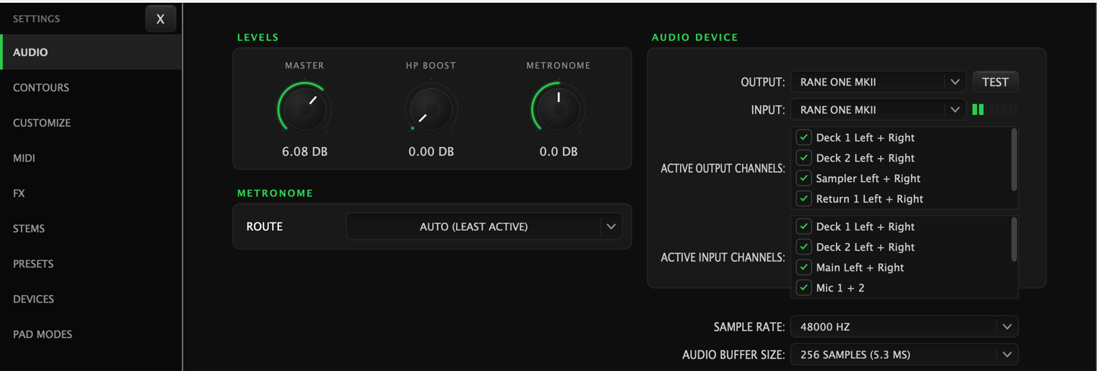 Settings, Audio: the master, headphone-boost and metronome level knobs, the metronome route, and the audio device with its active input and output channels, sample rate and buffer size