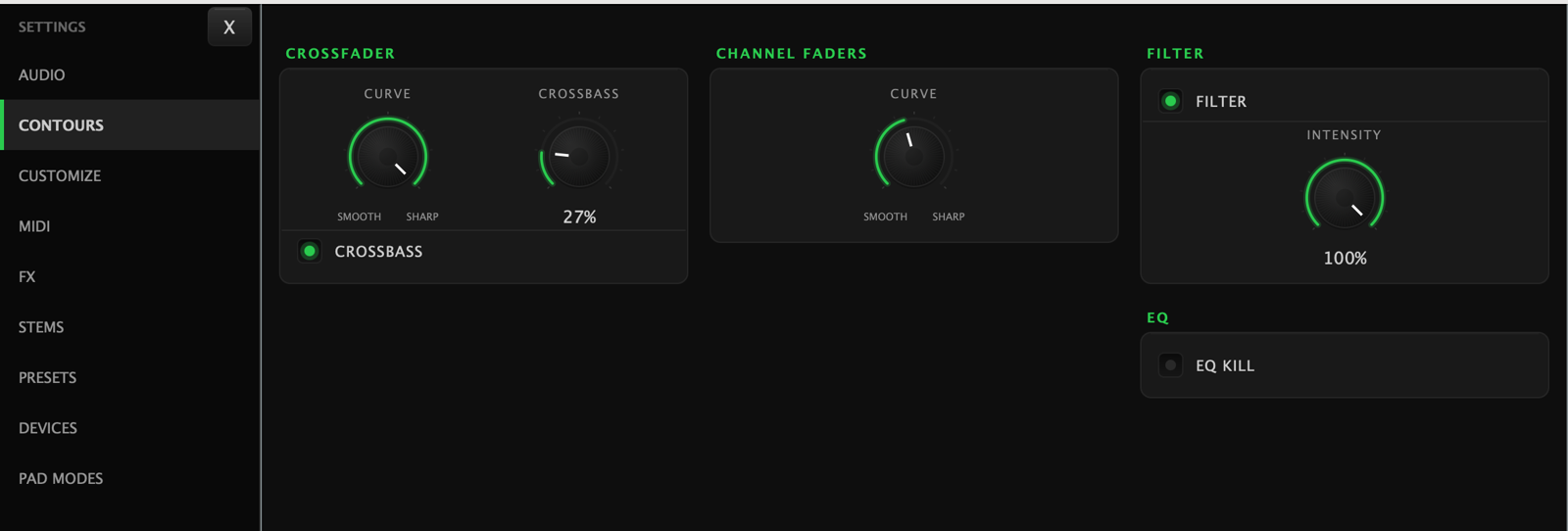 The Contours page: a Crossfader card with a curve knob from smooth to sharp, a CrossBass knob at 27% and a CrossBass switch; a Channel Faders curve knob; a Filter card with its on switch and an Intensity knob at 100%; and an EQ card with the EQ Kill switch