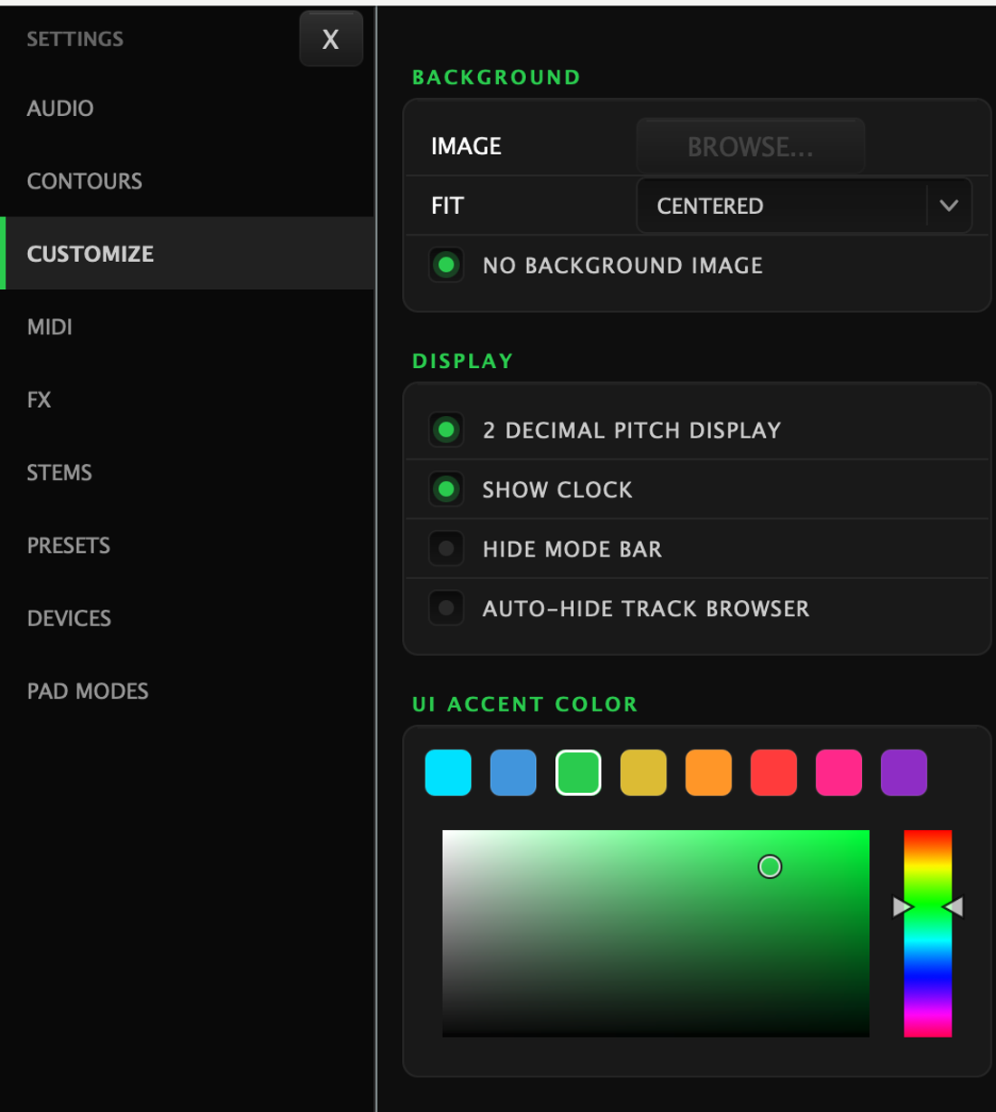 The Customize page's left column: a Background card with an image picker, a fit mode and a no-background-image switch; a Display card with 2 Decimal Pitch Display, Show Clock, Hide Mode Bar and Auto-Hide Track Browser; and the UI Accent Color card with eight preset swatches above a full colour picker