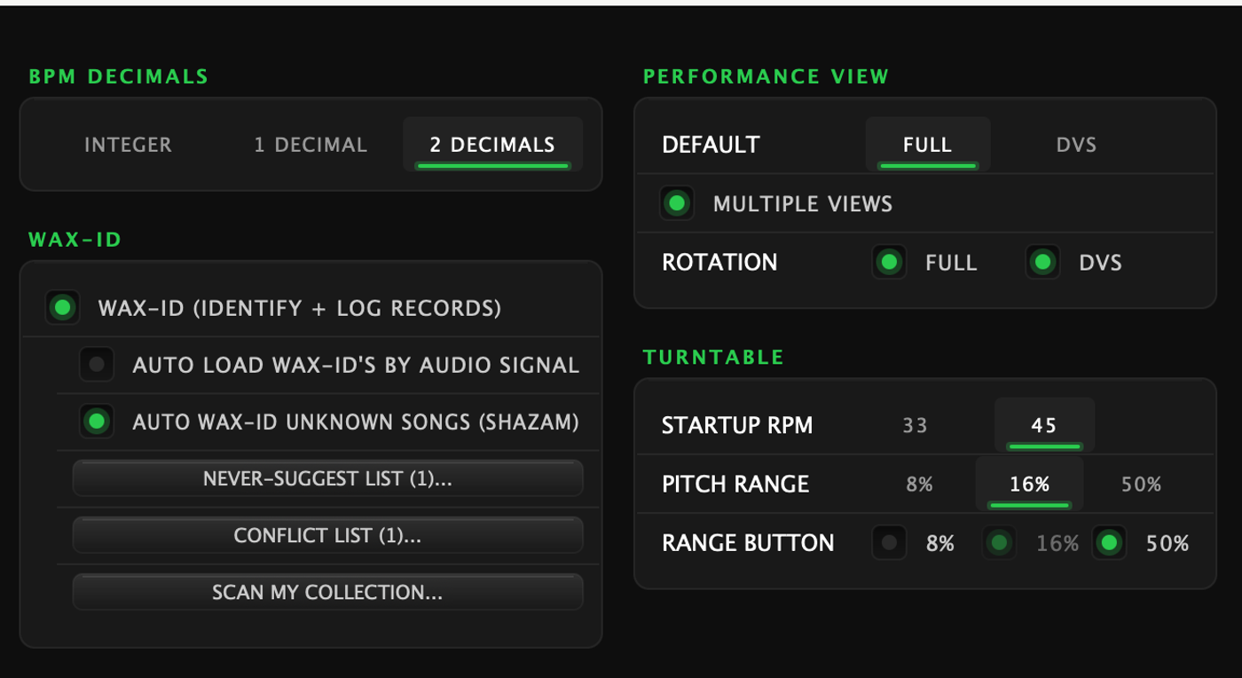 The Wax-ID card in Settings, Customize: the master switch, the auto-load and auto-identify sub-switches, and the never-suggest, conflict and scan buttons