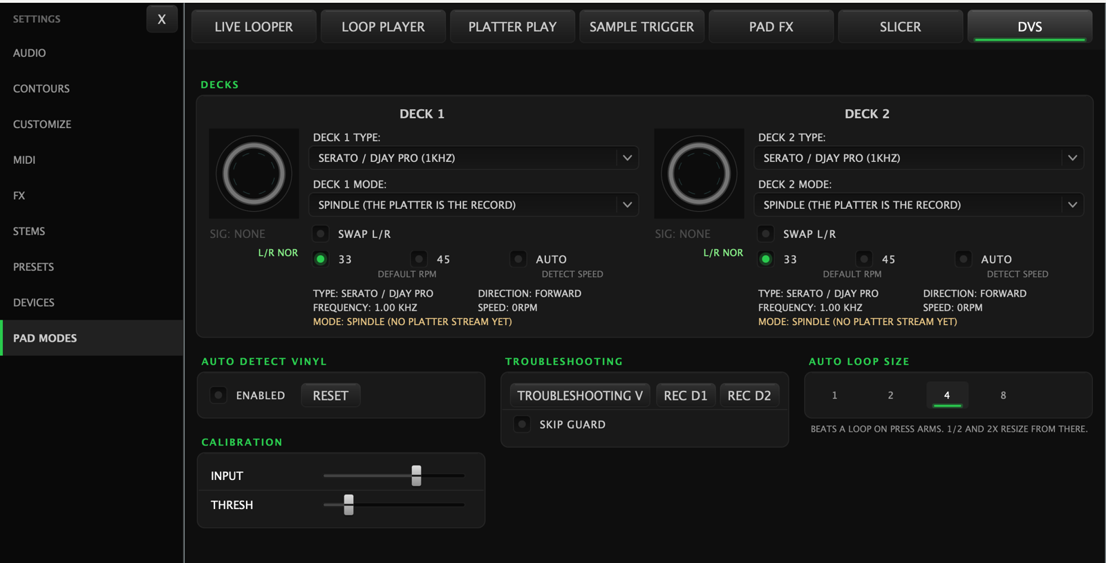 The DVS settings page: a card per deck with its timecode type and control mode, a signal light and L/R indicator, 33/45 and auto speed detection, and a live status line reading type, frequency, mode, direction and speed; below them Auto Detect Vinyl with a Reset, the Calibration input and threshold sliders, the Troubleshooting drawer open on REC D1, REC D2, REPLAY and LAST, and Auto Loop Size set to 4 beats