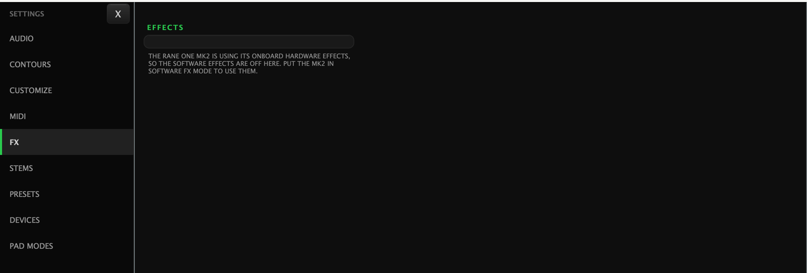 The FX settings page while the MK2 is using its onboard effects: a single Effects card explaining that the software effects are greyed out and that the MK2 must be put in software FX mode to use them