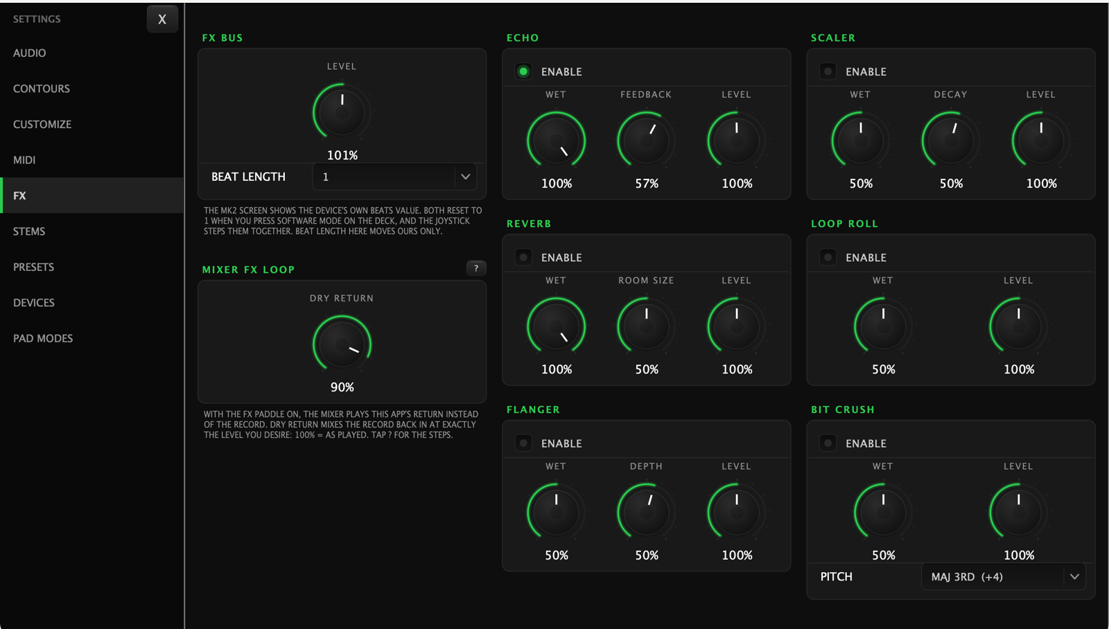 The FX settings page with the MK2 in software mode: an FX Bus card with the overall level and beat length, the Mixer FX Loop card with its Dry Return knob at 90%, and the six effect cards -- Echo, Reverb, Flanger, Scaler, Loop Roll and Bit Crush -- each with an enable switch and its own knobs