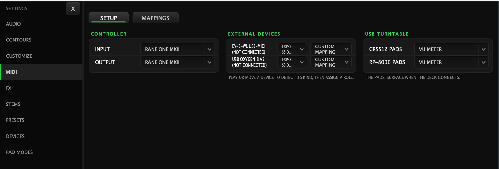 The MIDI setup tab: a Controller card with MIDI input and output both set to Rane One MKII, an External Devices card listing two connected devices with role dropdowns set to expression pedal and custom mapping, and a USB Turntable card setting the CRSS12 and RP-8000 pad surfaces to VU meter
