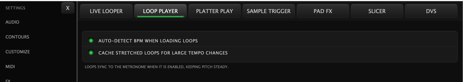 The Loop Player settings sub-page with both toggles on, and a note that loops sync to the metronome when it is enabled, keeping pitch steady