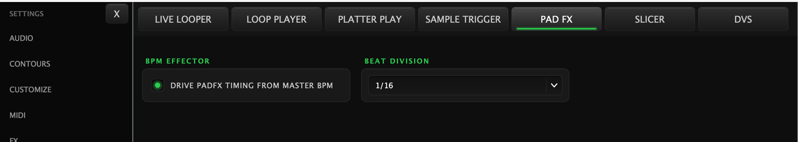 The Pad FX settings sub-page: a BPM Effector switch reading drive PadFX timing from master BPM, and a Beat Division dropdown