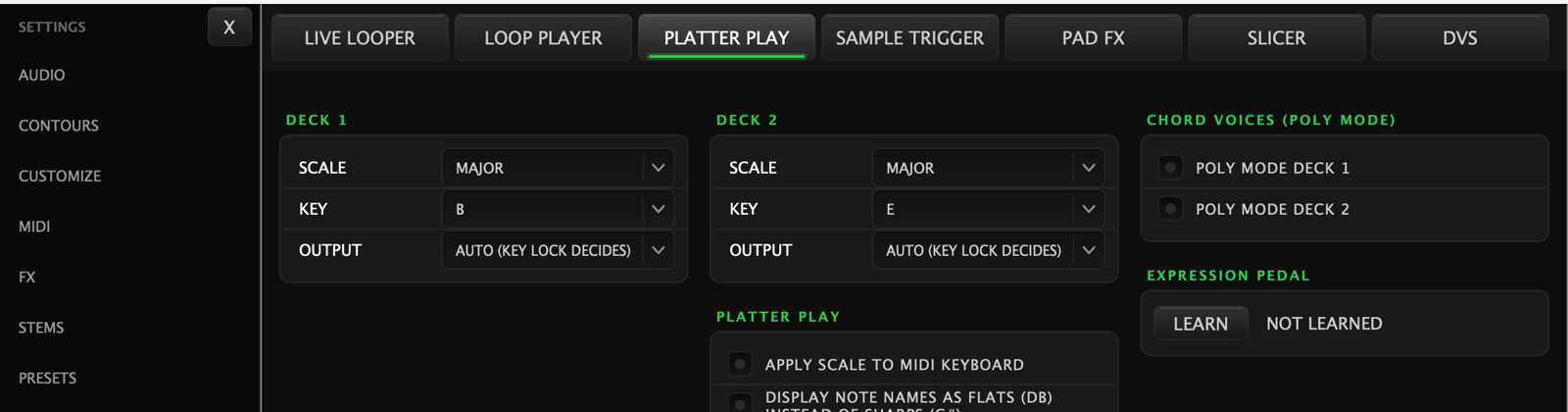 The Platter Play settings sub-page: a card per deck setting scale, key and output mode; a Platter Play card with apply-scale-to-MIDI-keyboard and flats-instead-of-sharps; a Chord Voices card with a poly mode switch per deck; and an Expression Pedal card with its Learn button reading Not Learned