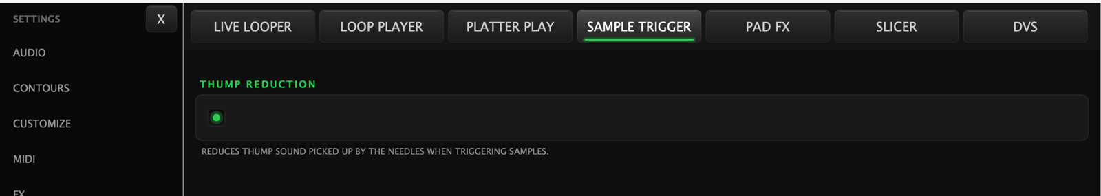 The Sample Trigger settings sub-page with its single Thump Reduction switch