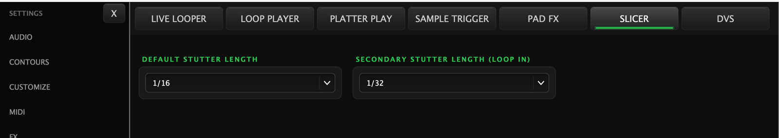 The Slicer settings sub-page with Default Stutter Length set to 1/16 and Secondary Stutter Length, used with Loop In, set to 1/32