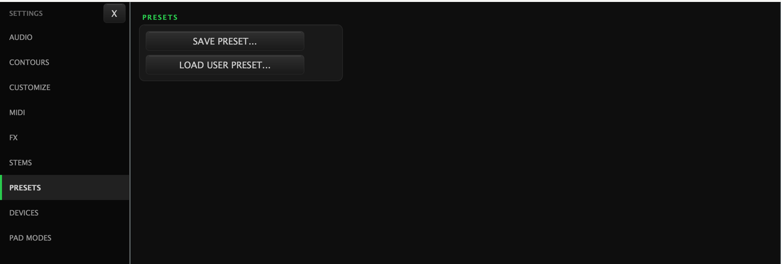 Settings, Presets: a single card with SAVE PRESET and LOAD USER PRESET buttons