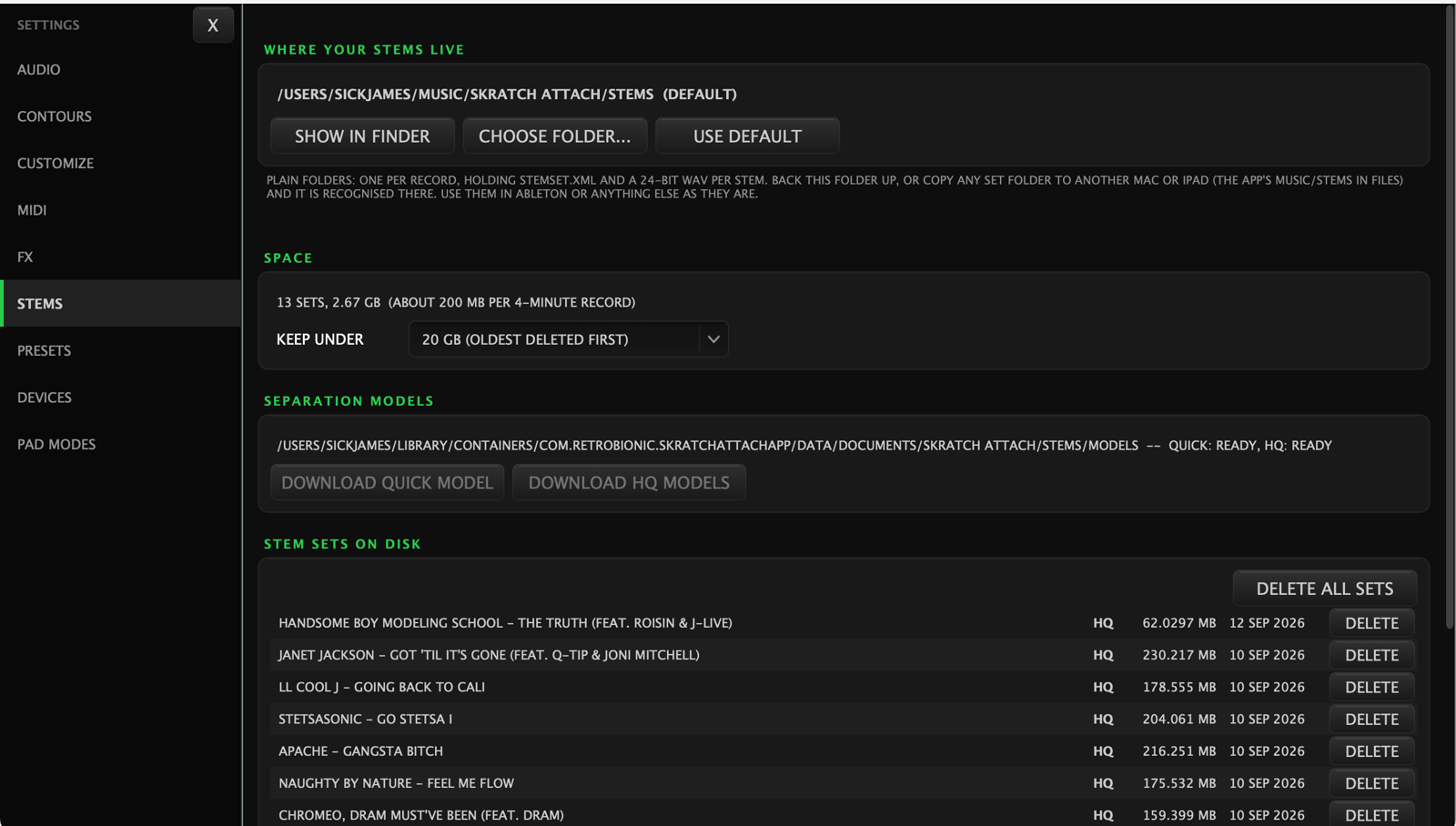 The Stems settings page: where your stems live with Show in Finder, Choose Folder and Use Default; a Space card reading 13 sets, 2.67 GB with a Keep Under budget; a Separation Models card with Download Quick Model and Download HQ Models buttons; and the list of stem sets on disk, each with its quality tier, size, date and a Delete button