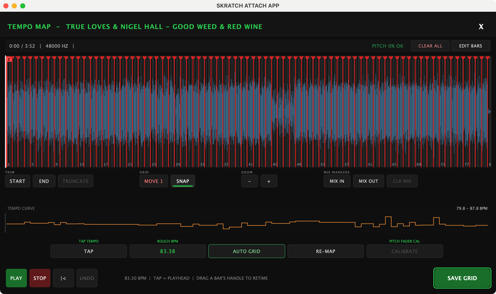 The TEMPO MAP for a saved record: the whole waveform with red bar lines and bar numbers, PITCH 0% OK, CLEAR ALL and EDIT BARS at the top right, the TRIM, GRID, ZOOM and MIX MARKERS button groups, a TEMPO CURVE lane reading 79.8 to 87.8 BPM, then TAP, ROUGH BPM, AUTO GRID, RE-MAP and CALIBRATE, with PLAY, STOP, UNDO and SAVE GRID along the bottom