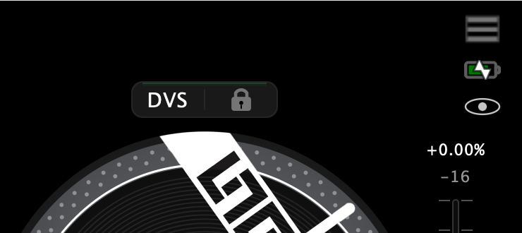 The top-right corner of the screen: the hamburger menu, the battery indicator and the eye that cycles your performance views, with deck 2's DVS chip and key lock padlock to the left of them