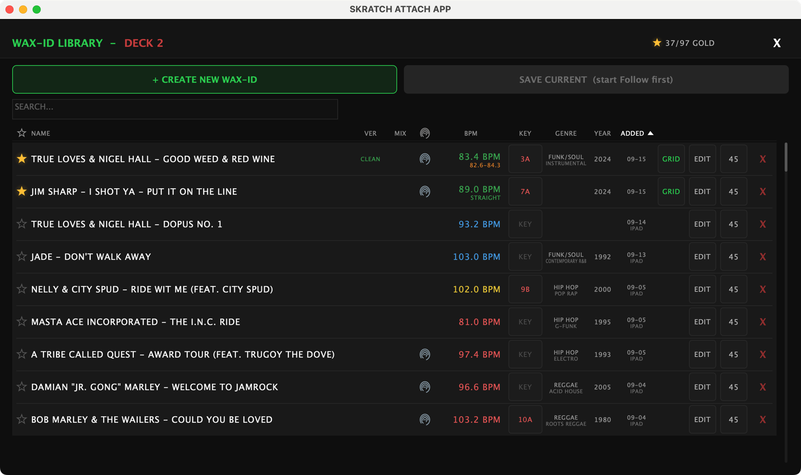 The WAX-ID LIBRARY for deck 2: a 37/97 GOLD tally at the top right, + CREATE NEW WAX-ID and SAVE CURRENT buttons, a search box, and the table -- gold stars on the top two rows, CLEAN in the VER column, fingerprint glyphs, BPM readouts in green, blue and red, KEY chips, genre, year and the date added, with GRID, EDIT, 45 and a red X at the right of each row